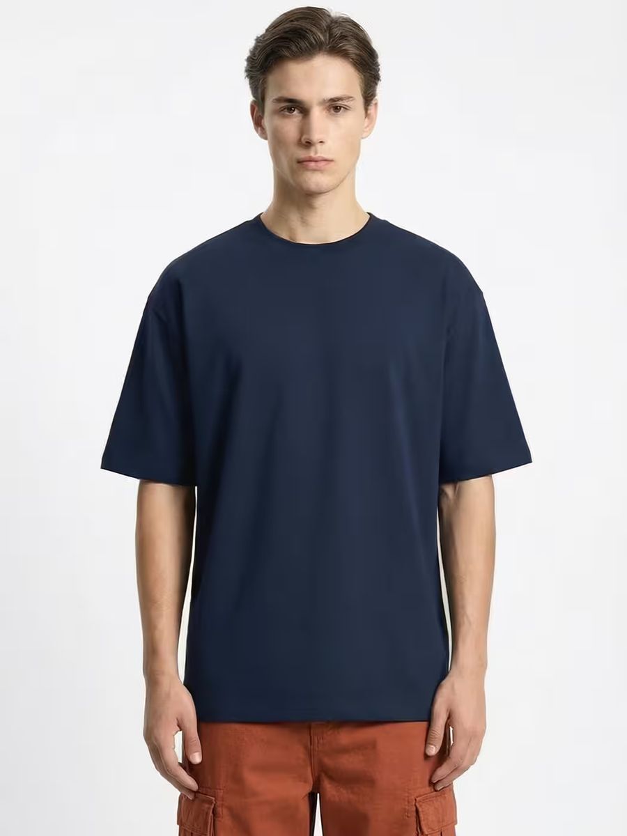 Men's Plain Navy Blue Round Neck Oversized T-Shirt