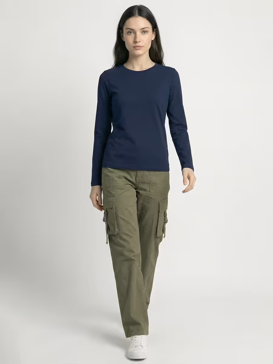 Women's Plain Navy Blue Full Sleeve Round Neck T-Shirt 4