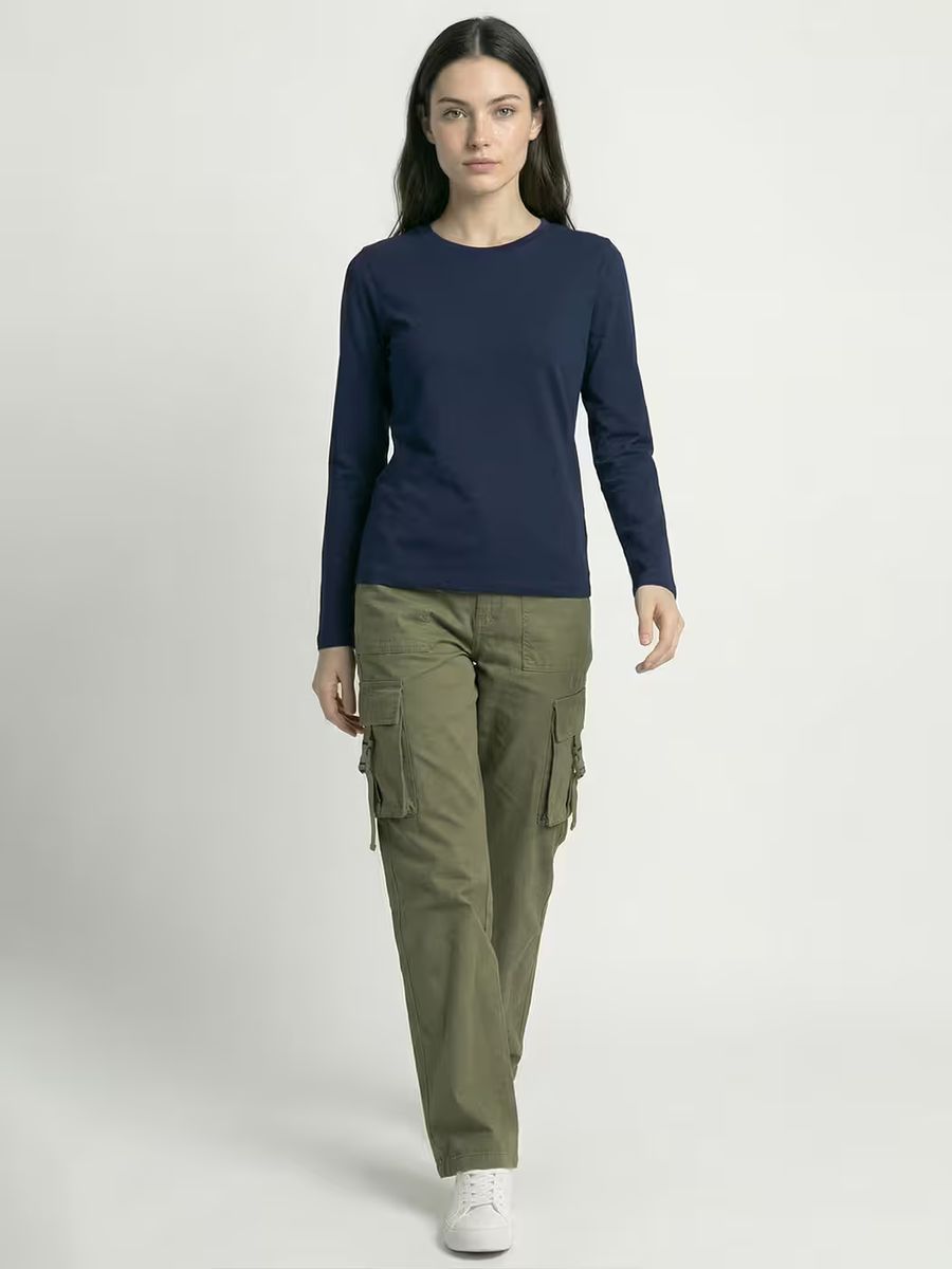 Women's Plain Navy Blue Full Sleeve Round Neck T-Shirt 4