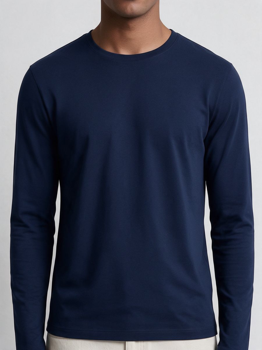 Men's Plain Navy Blue Full Sleeve Round Neck T-Shirt - alternate view 5