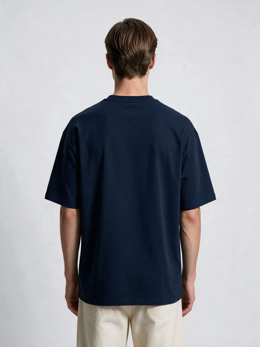 Men's Plain Navy Blue Round Neck Oversized T-Shirt - alternate view 2