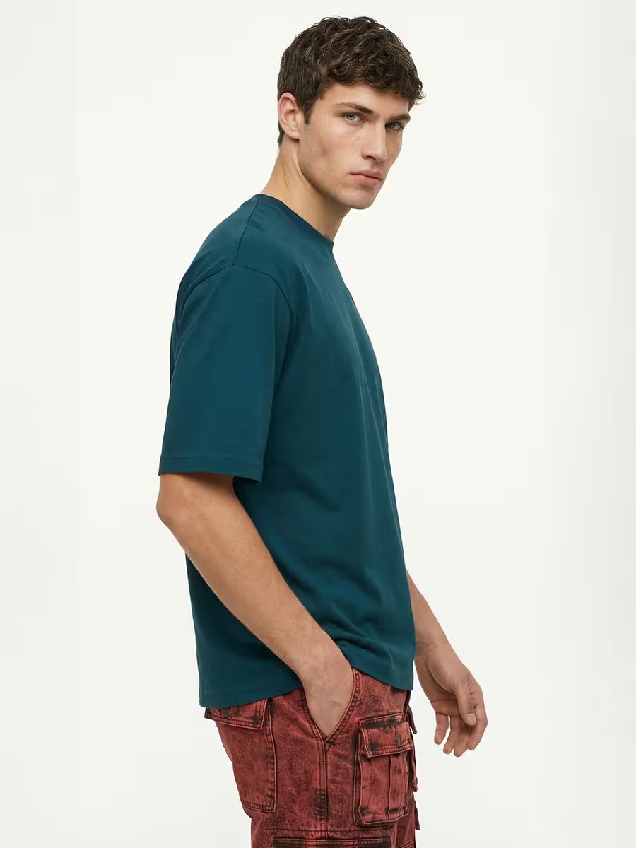Men's Plain Petrol Round Neck Oversized T-Shirt - alternate view 3