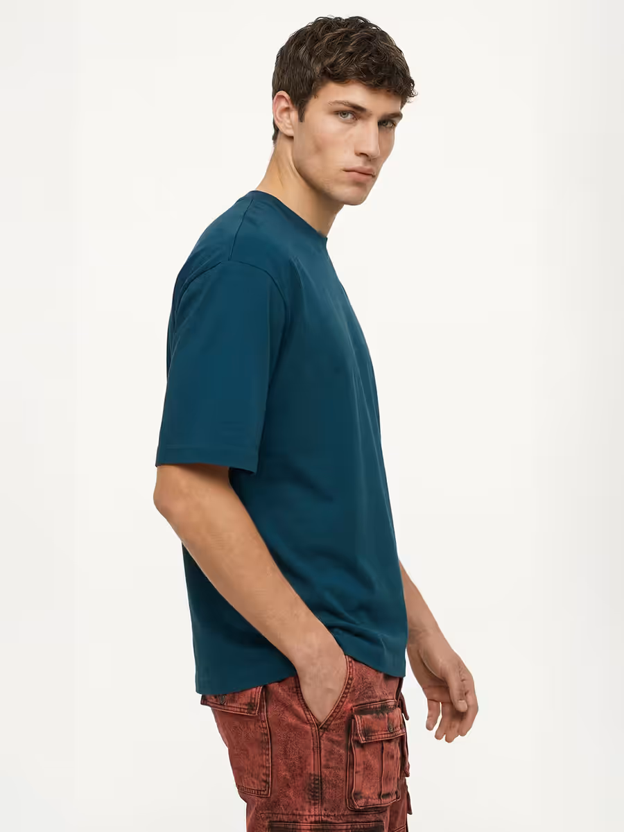 Men's Plain Petrol Round Neck Oversized T-Shirt 3
