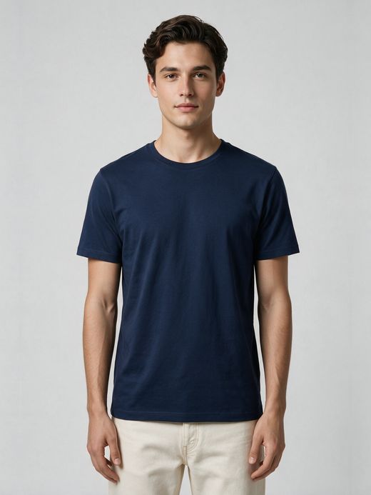 Men's Plain Navy Blue Half Sleeve Round Neck T-Shirt
