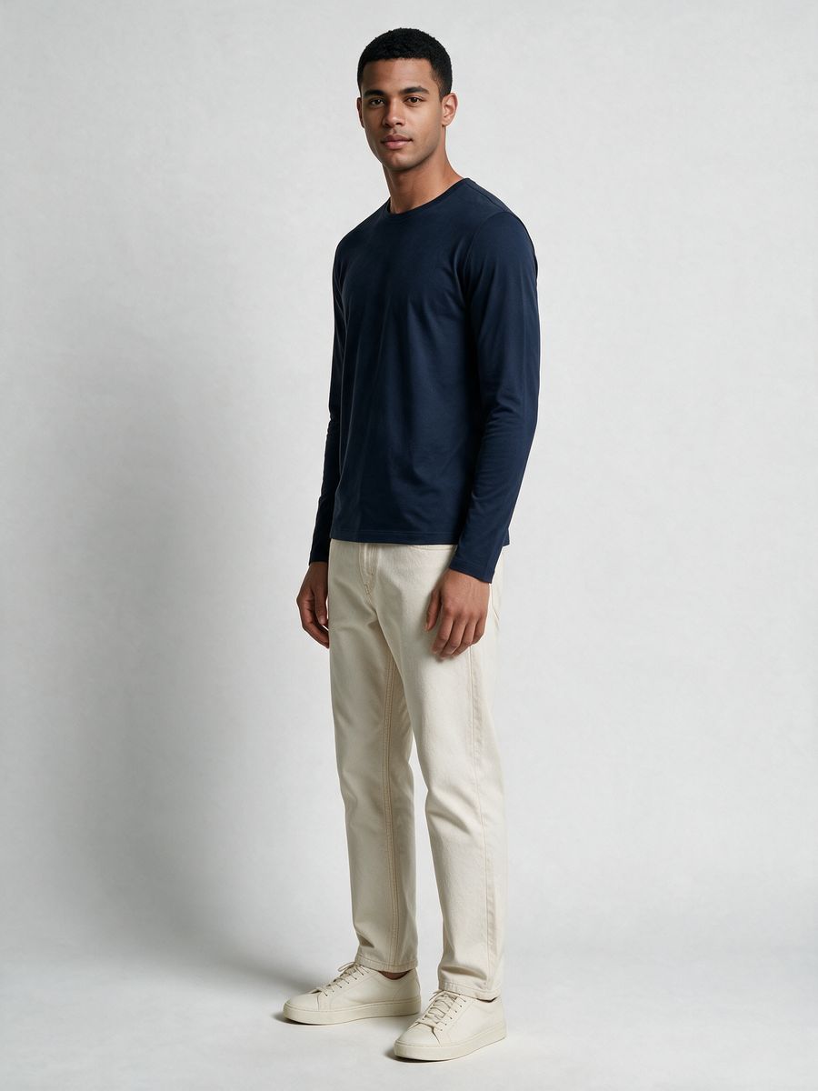 Men's Plain Navy Blue Full Sleeve Round Neck T-Shirt - alternate view 4