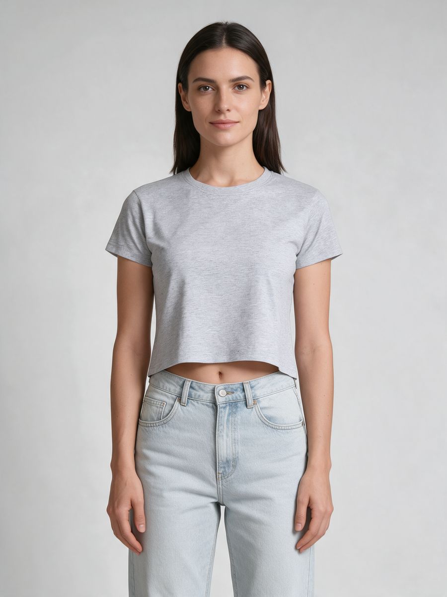 Women's Plain Grey Melange Half Sleeve Crop Top