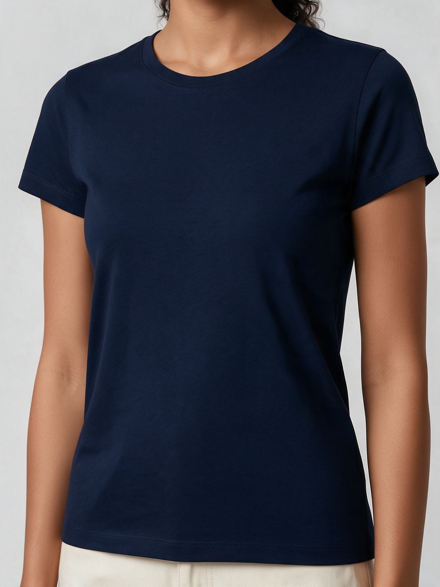 Women's Plain Navy Blue Half Sleeve Round Neck T-Shirt - alternate view 5