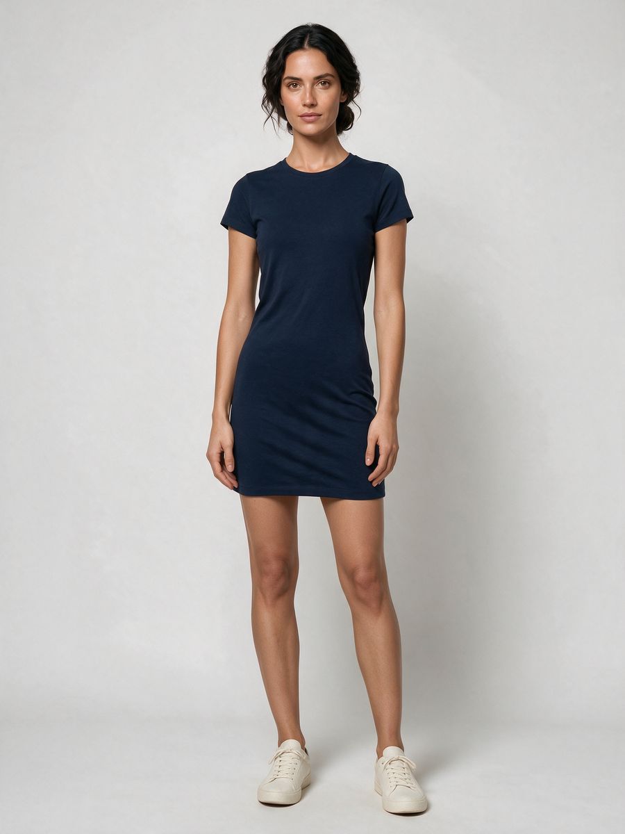 Women's Plain Navy Blue Half Sleeve T-Shirt Dress - alternate view 6