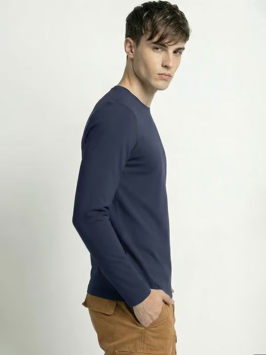 Men's Plain Navy Blue Full Sleeve Round Neck T-Shirt 3