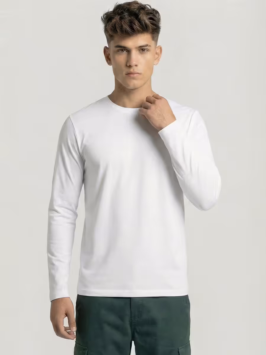 Men's Plain White Full Sleeve Round Neck T-Shirt