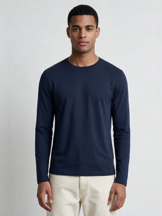 Men's Plain Navy Blue Full Sleeve Round Neck T-Shirt