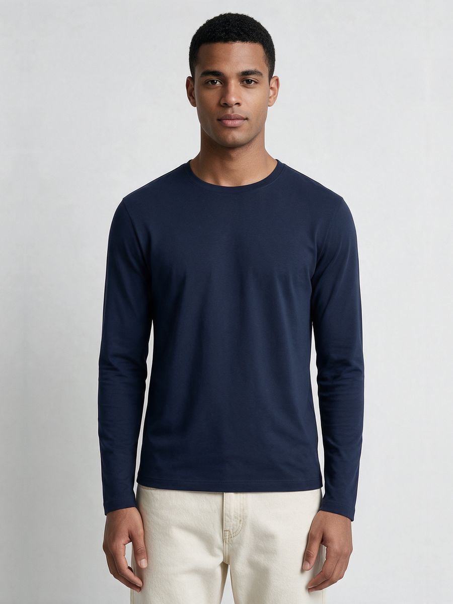 Men's Plain Navy Blue Full Sleeve Round Neck T-Shirt