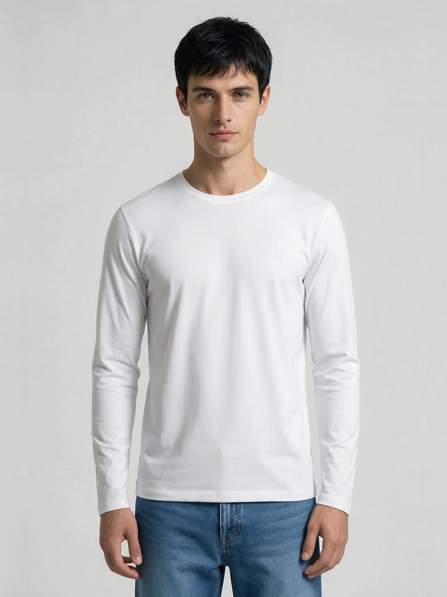 Men's Plain White Full Sleeve Round Neck T-Shirt