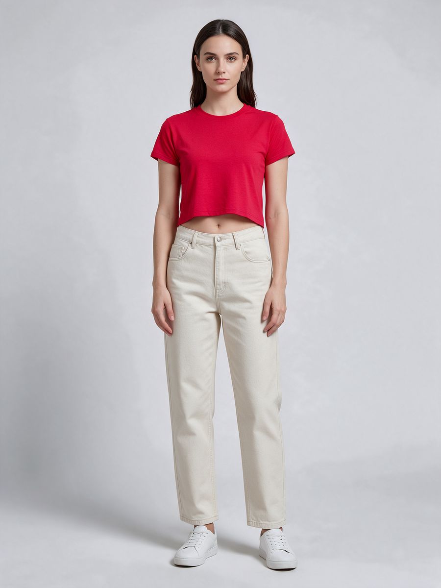 Women's Plain Red Half Sleeve Crop Top - alternate view 6