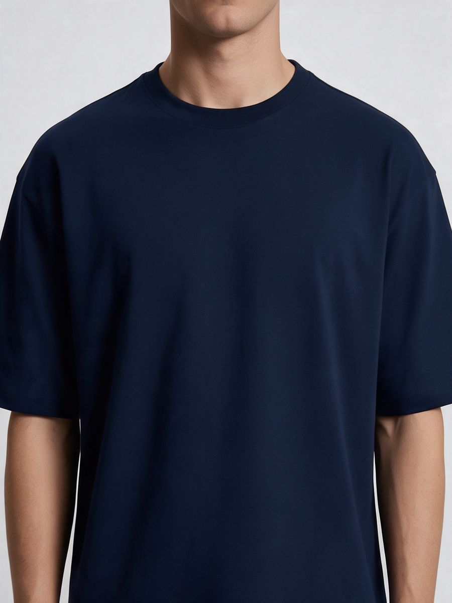 Men's Plain Navy Blue Round Neck Oversized T-Shirt - alternate view 5