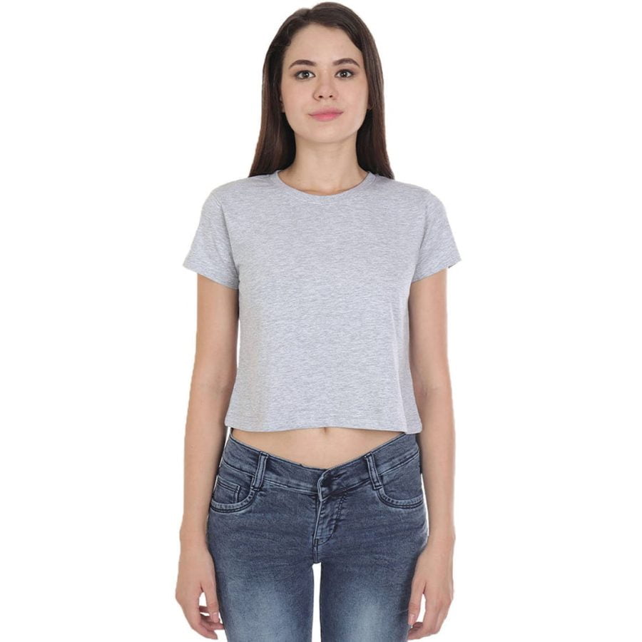 Plain Women's Grey Melange Half Sleeve Crop top