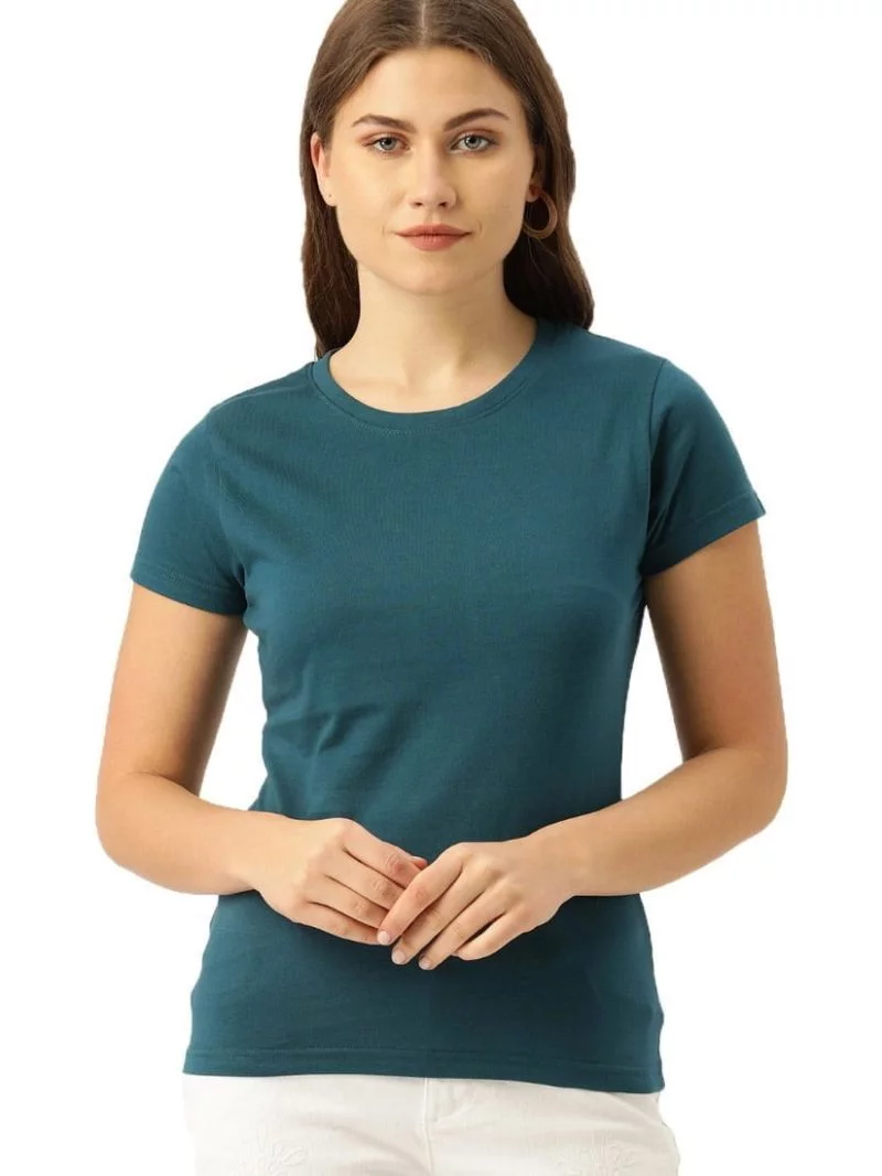 Women's Petrol Half Sleeve Round Neck Plain T-Shirt