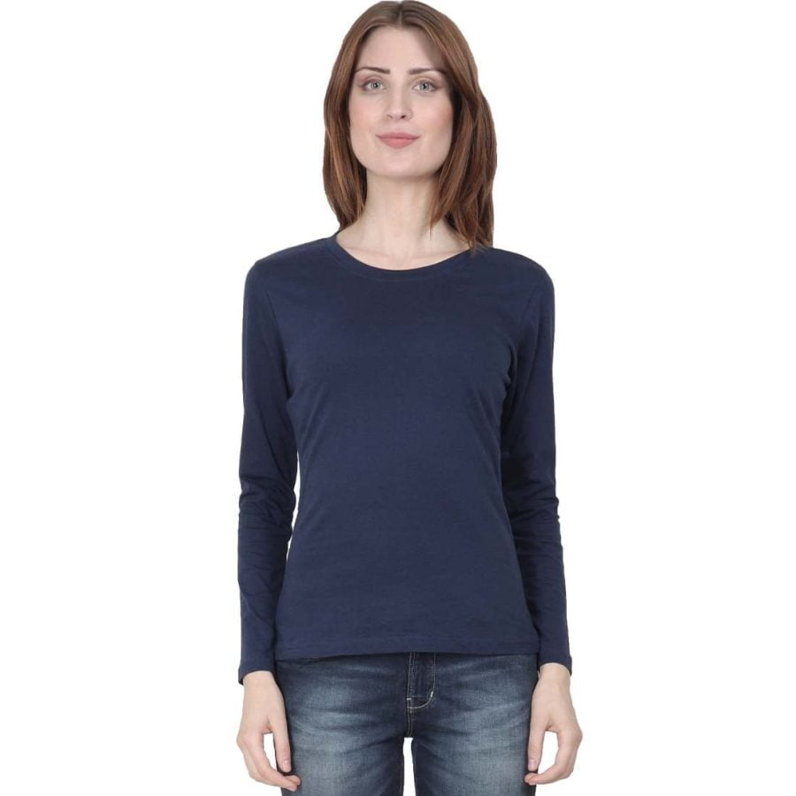 Women's Navy Blue Full Sleeve Round Neck Plain T-Shirt
