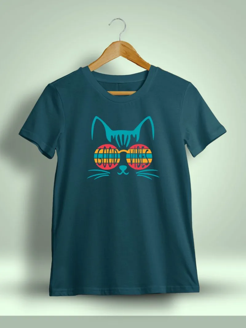 Good Vibes Cat Graphic T-Shirt For Men - Half Sleeve