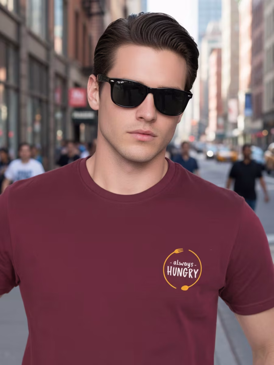 Always Hungry Pocket Print Maroon T-Shirt For Men - Half Sleeve