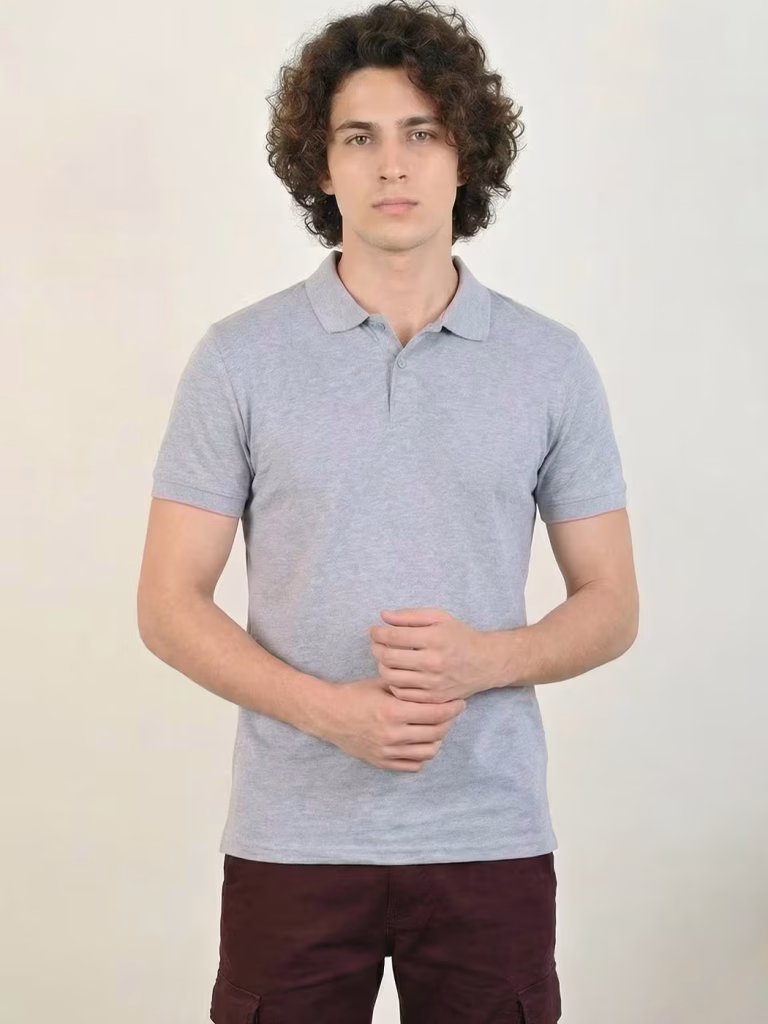Men's Plain Grey Melange Half Sleeve Polo T-Shirt