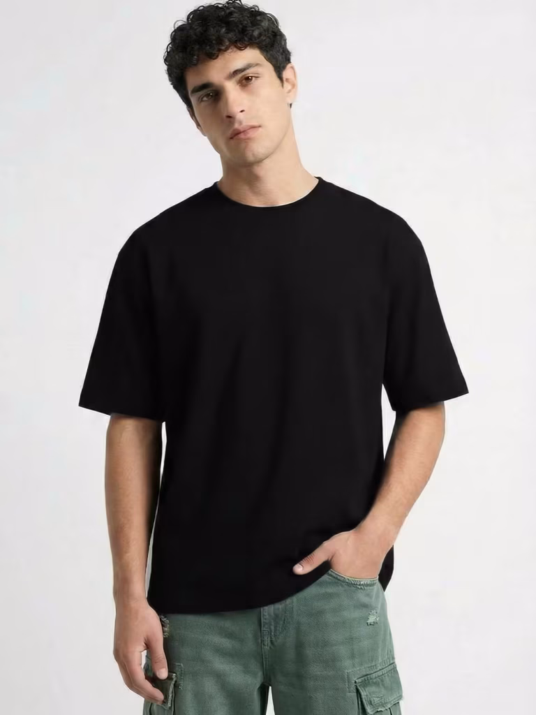 Men's Plain Black Round Neck Oversized T-Shirt