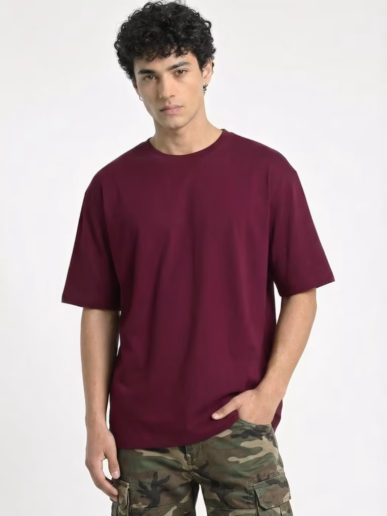 Men's Plain Maroon Round Neck Oversized T-Shirt
