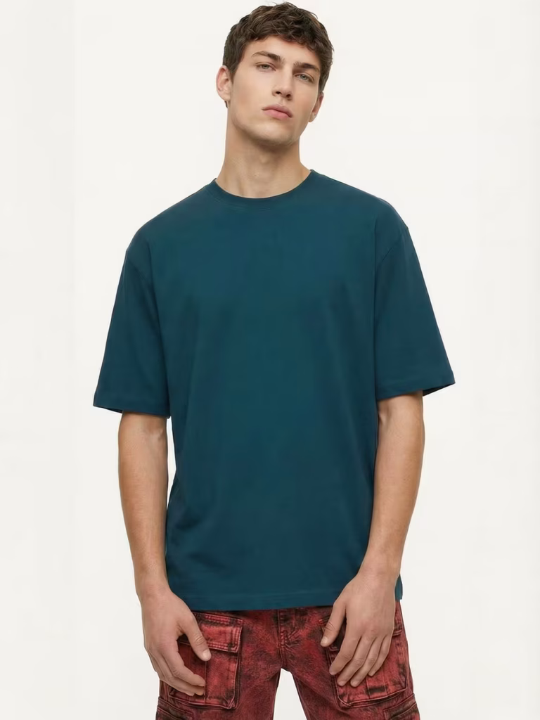 Men's Plain Petrol Round Neck Oversized T-Shirt