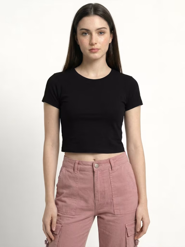 Women's Plain Black Half Sleeve Crop Top