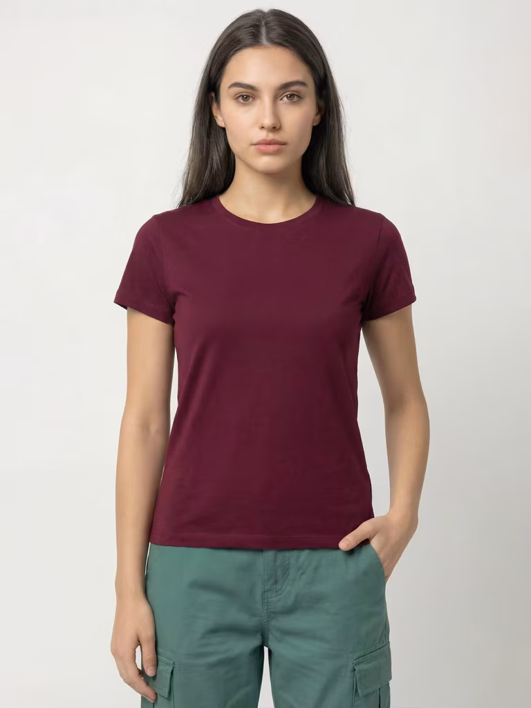 Women's Plain Maroon Half Sleeve Round Neck T-Shirt