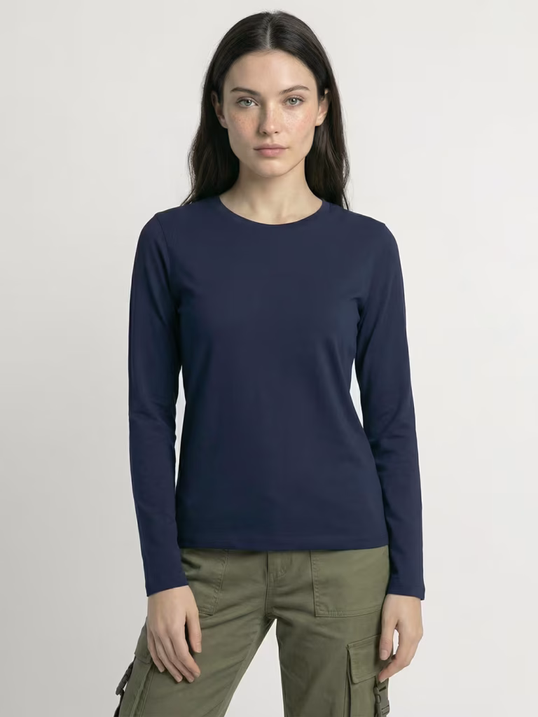 Women's Plain Navy Blue Full Sleeve Round Neck T-Shirt