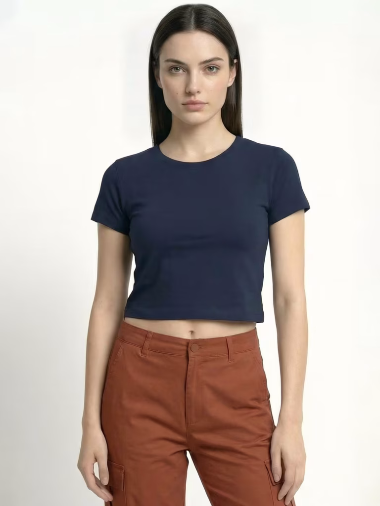 Women's Plain Navy Blue Half Sleeve Crop Top
